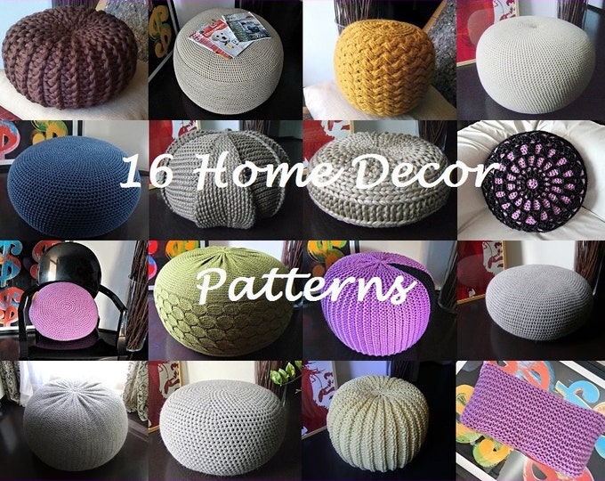Knitting Pattern 16 Knitted & Crochet Pouf Floor cushion Patterns Crochet Pattern Knit Pattern Pouf Ottoman Pattern Pillow Pattern