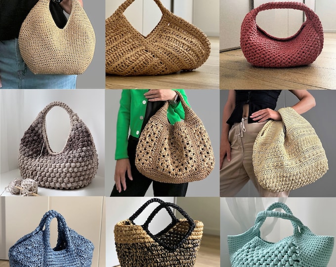 SET of 9 CROCHET PATTERNS Crochet Bag Pattern Raffia Bag crochet purse  woman bag shopping bag summer bag beach bag, handbag