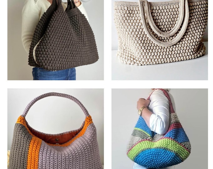 4 CROCHET PATTERNS Crochet Bag Pattern Tote Pattern crochet purse  woman bag, shopping bag, summer bag handbag crochet shoulder bag