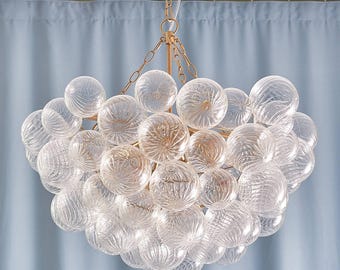 Handblown Glass Bubble Chandelier, Grand Ribbed Clear Ball Pendant Light, Elegant Brushed Gold Sphere