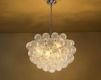 Handblown Ribbed Glass Bubble Chandelier - Modern Nickel Art Deco Pendant - D24"