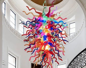 Vibrant Rainbow Hand Blown Glass Chandelier - Elongated Cascading Colorful Festive Glass Sculpture