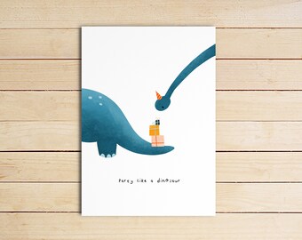 Verjaardagskaart Party like a dinosaur | Wenskaart | Handgemaakte illustratie | Ansichtkaart Dino