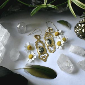 Ocean Jasper Ornate Brass Earrings for Gauged Ears or Regulars Ears