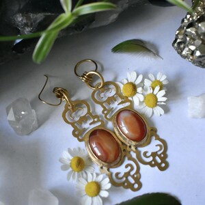 Red Agate Ornate Brass Hanger Earrings for Gauged or Regular Earrings