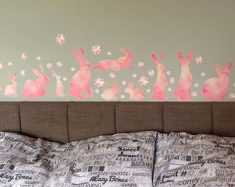 Reusable Fabric Rabbit Wall Stickers, Colourful Sets of Rabbits and Flower Home Decals