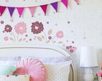 Retro Purple Flower Wall Decals: Reusable Fabric Stickers (60 Piece)