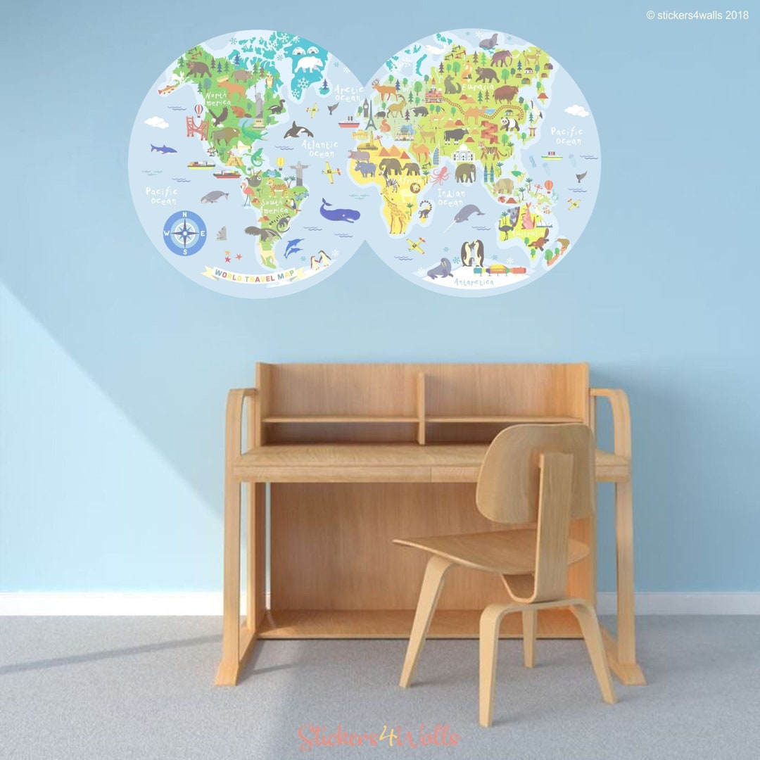 World Map Wall Decor for Kids | Reusable Fabric Sticker - Etsy