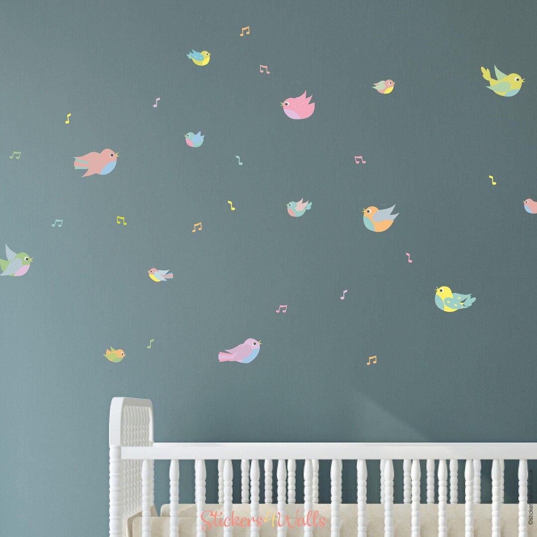 Colourful Flying Little Birds Fabric Wall Stickers - Reusable and ...