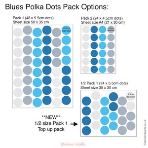 Blue polka dot fabric wall sticker pack options shown in three sheet sizes, with large and small reusable dots.