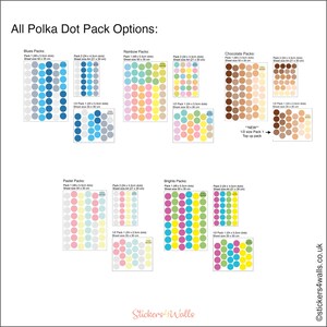 Polka dot wall sticker pack chart showing blue, rainbow, chocolate, pastel, and bright color options in assorted layouts