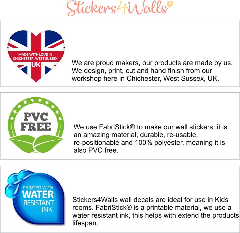 UK-made reusable fabric wall stickers, PVC-free decals, repositionable nursery decor with water-resistant ink.