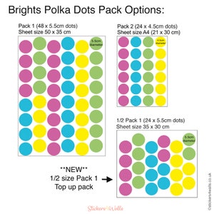 Bright pink, green, blue, and yellow polka dot wall stickers shown in three pack sizes and sheet layouts.