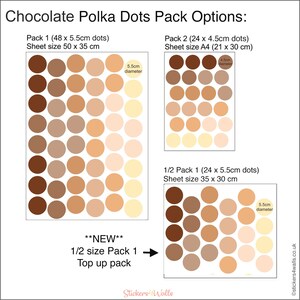 Chocolate brown polka dot wall stickers shown in three pack layouts, with large and small dots in warm neutral shades.