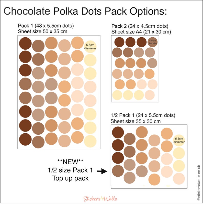 Chocolate brown polka dot wall stickers shown in three pack layouts, with large and small dots in warm neutral shades.