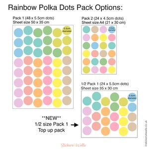 Rainbow polka dot wall decals, reusable fabric stickers for nursery, bedroom, or playroom decor.