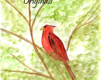 Original Watercolor Painting, Red Cardinal, Male Cardinal Bird,   11x14 Original Painting