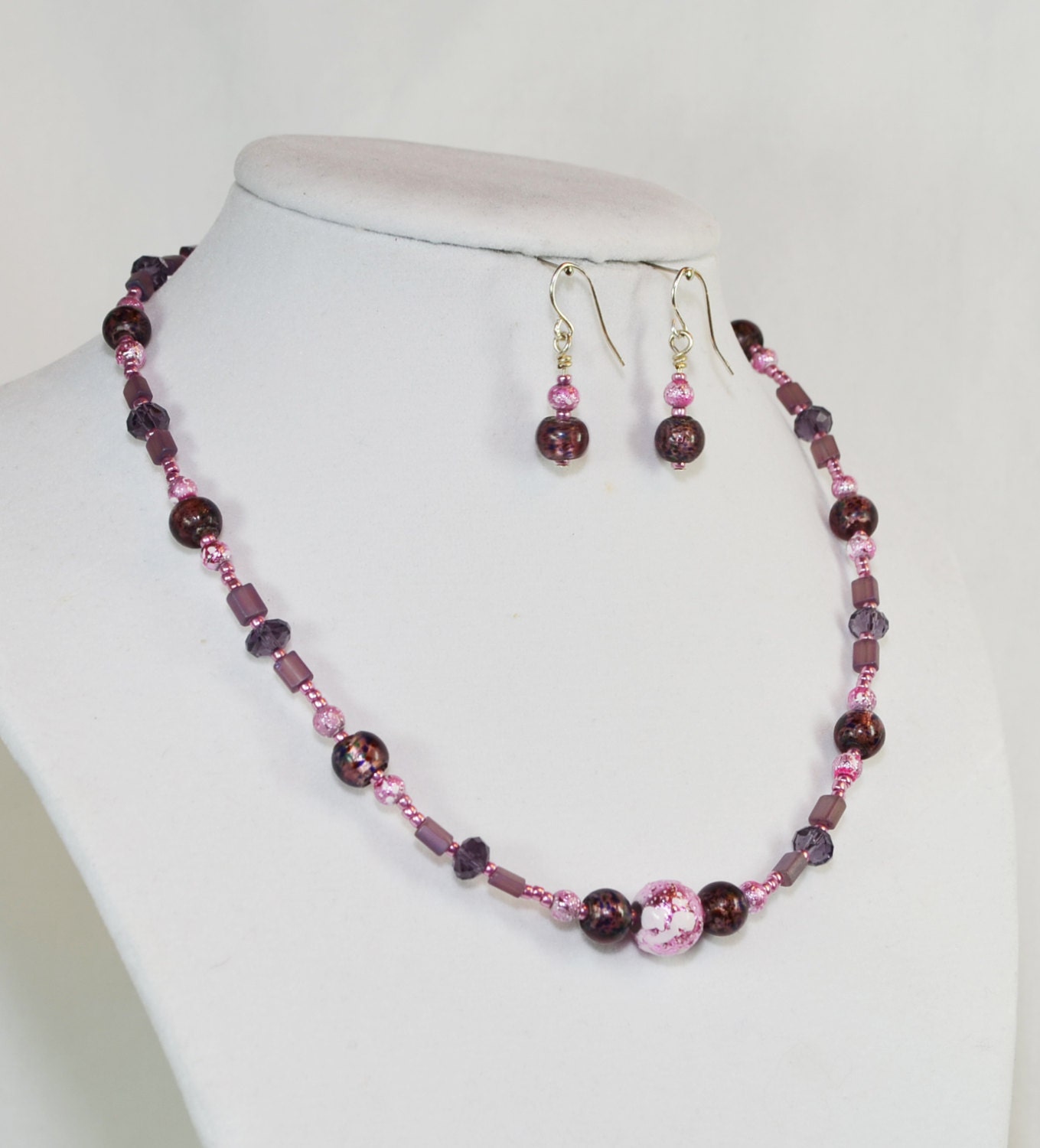 Beautiful Purple & Pink Beaded Necklace W/ Matching - Etsy