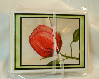 Original Art Blank Notecards, Note Cards, Red Rose Blossom Watercolor
