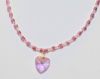 Pink Sweetheart Beaded Necklace, Heart Pendant, Heart Necklace, Valentines Day Gift