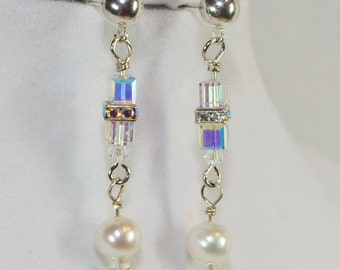 Genuine Pearl, Swarovski Crystal & Sterling Silver Post Earrings