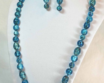 Beautiful 22" Speciality Blue Glass Beaded Necklace w/ matching earrings