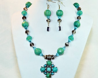 ONE OF A KIND... Turquoise Blue / Aqua Beaded Necklace w/ Matching Earrings