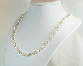 Beautiful Genuine Pearl & Swarvoski Crystal Beaded Necklace, Great for a Bride!