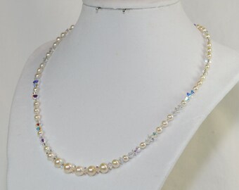 Beautiful Genuine Pearl & Swarvoski Crystal Beaded Necklace, Great for a Bride!