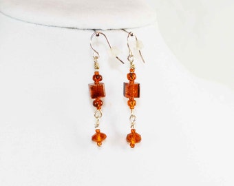 Sterling Silver, Brown Amber Specialty Glass & Swarovski Crystal Beaded Dangle Earrings