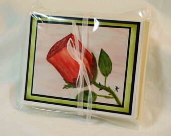 Original Art Blank NoteCards, Note Cards, Red Rose Blossom Watercolor