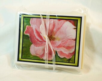 Original Art Blank NoteCards, Note Cards, Pink Rose Blossom Watercolor