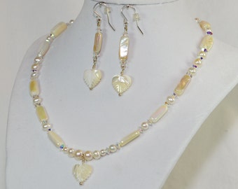 Genuine Pearl, Mother of Pearl & Swarovski Crystal Beaded Necklace, Great for a Bride! Great Valentines Day Gift, One of A Kind Design!