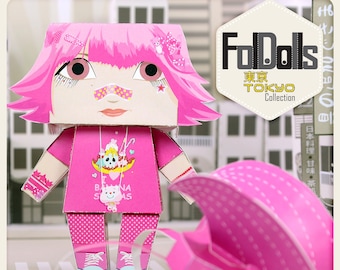 Pinked Tokyo Girl with wings backpack - Illustrated 3D DIY Paper Doll