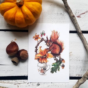 illustration aquarelle, carte postale, carte à message, idée cadeau, papeterie, illustration d'automne, automne, fall