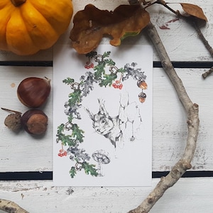 illustration aquarelle, carte postale, carte à message, idée cadeau, papeterie, illustration d'automne, automne, fall