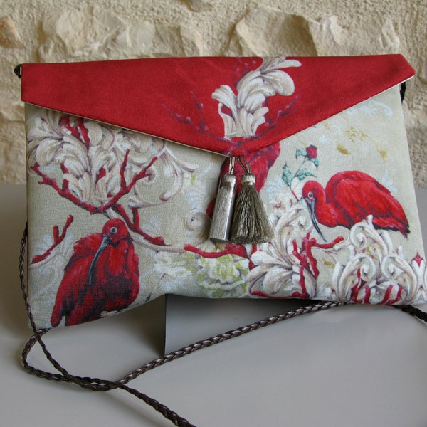 pochette, pochette plate, pochette de soirée, pochette velours, trousse maquillage, trousse toilette, tissu motif oiseau