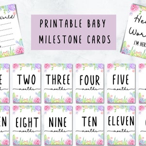 Cartes imprimables d'étape de bébé, téléchargement de cartes d'étape de bébé, signe de Hello World pour l'hôpital, cartes d'étape mensuelles de fille numérique
