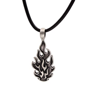 Flame Pendant Necklace – Pewter Fire Charm on Black Greek Leather, 18in Handmade