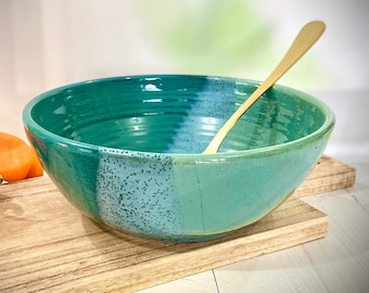 Handmade Turquoise Ceramic Serving Bowl: Large Stoneware Salad Bowl
