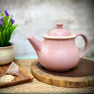 Ceramic kettle, Beautiful Teapot, pink tea pot, pink glaze, Holds 49 FL Oz, pottery pitcher, tea pot with Strainer, rustic kettle, mom gift image 1