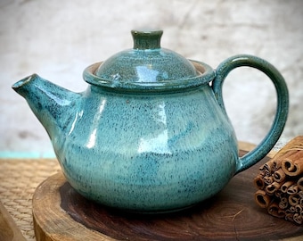 Set di teiere in ceramica fatte a mano con infusore: smalto azzurro, arredamento rustico