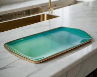 Plato de cerámica turquesa hecho a mano: Plato rectangular para servir