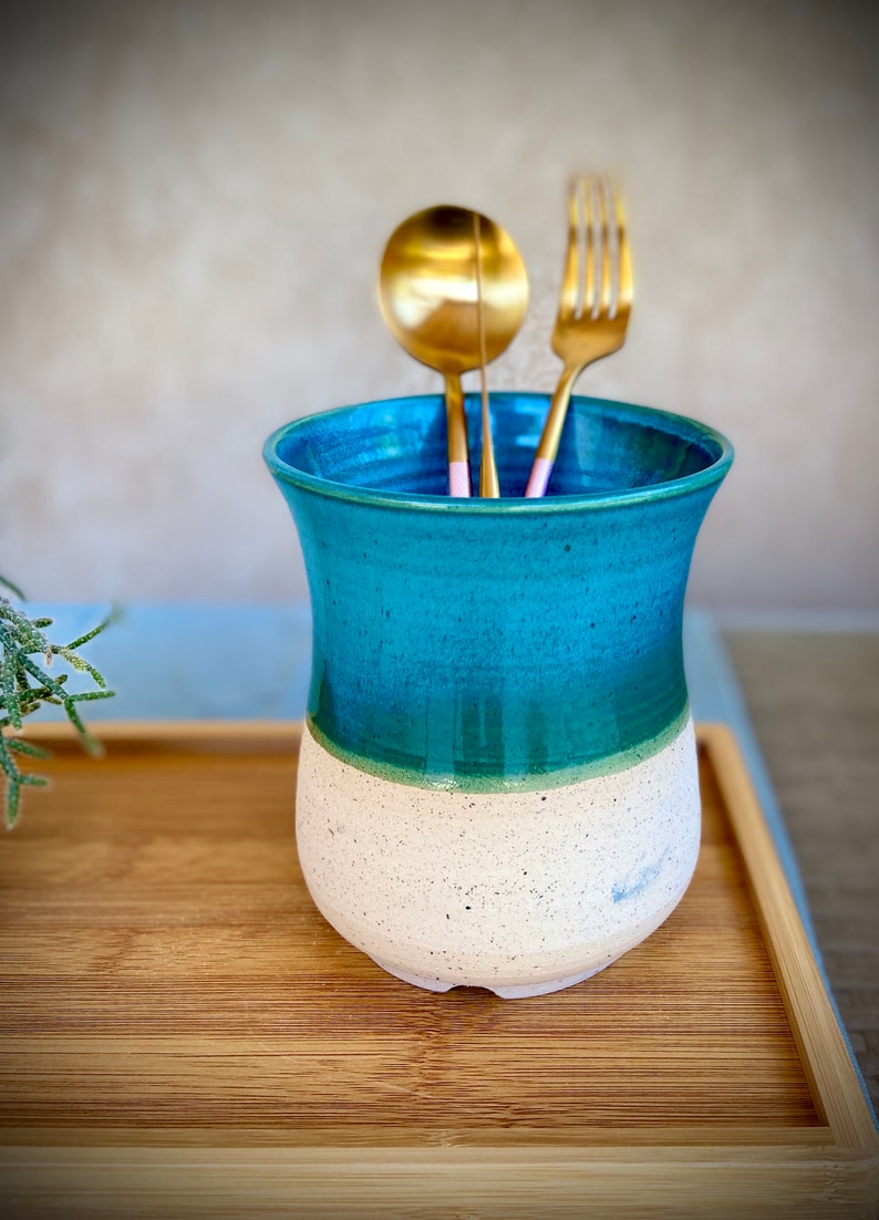 Stunning Turquoise Ceramic Utensil Holder with Drainage Holes Etsy