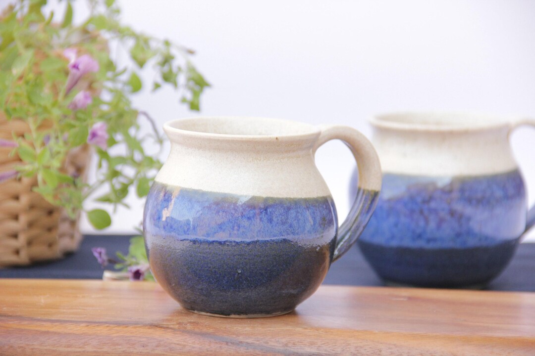 Handmade Blue and White Ceramic Mugs: Set of Two 10 FL Oz Rustic Tea ...