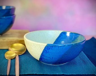 Blue & White Ceramic Serving Bowl: Handmade Modern Dish
