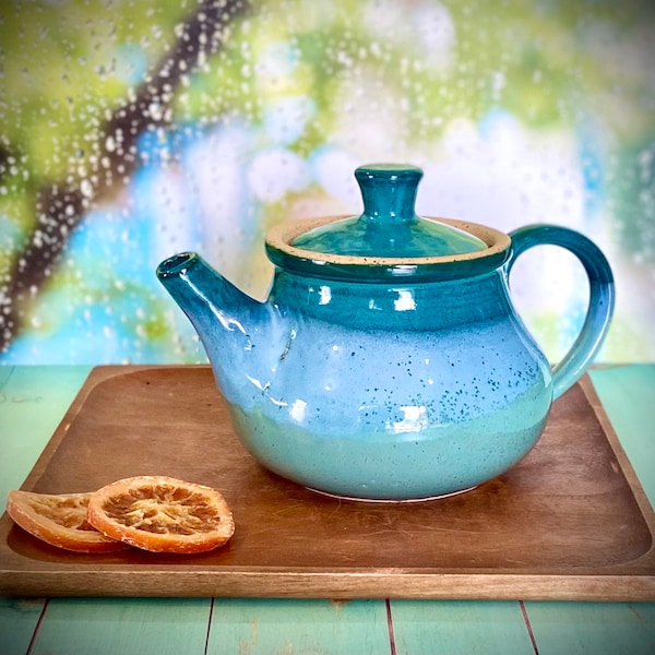 Grande théière en céramique, théière turquoise, pot de 1,4 litre, bouilloire faite à la main, bouilloire en grès, pichet à thé, cadeaux de vacances, cuisine de campagne