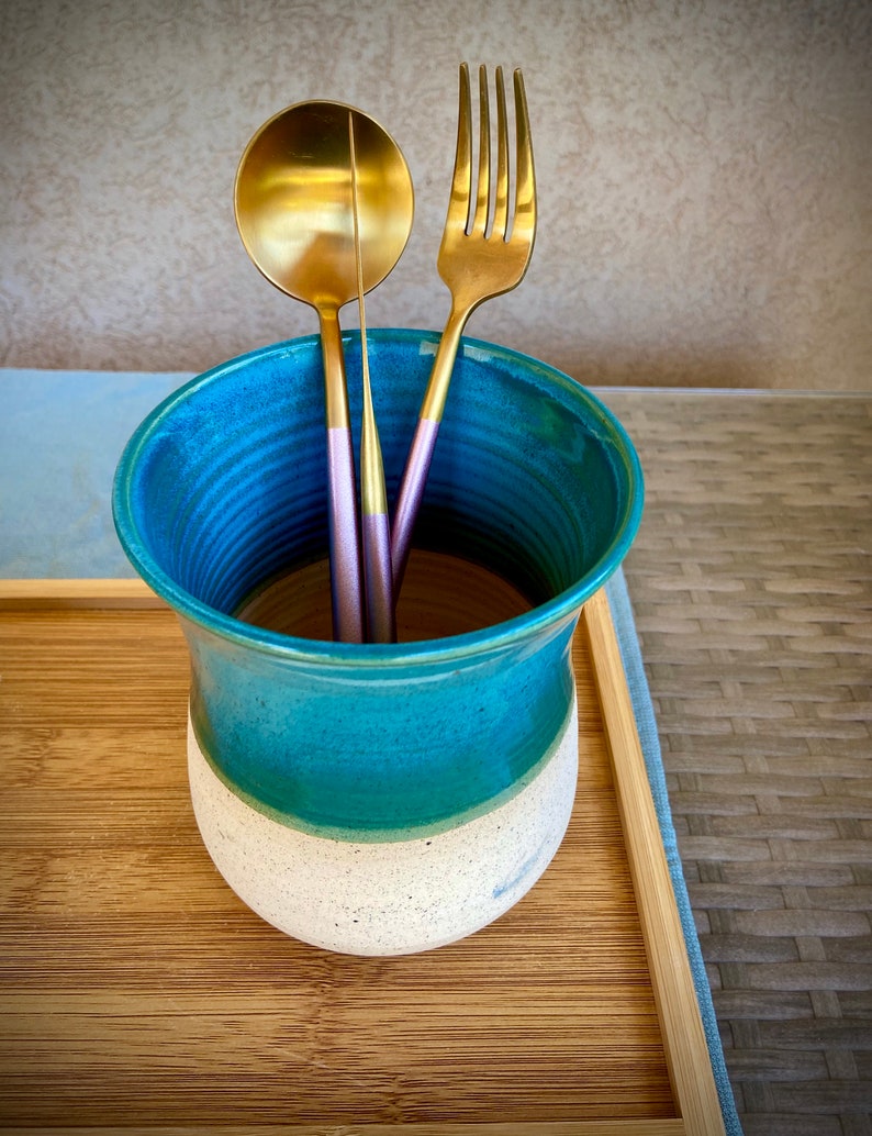Stunning Turquoise Ceramic Utensil Holder with Drainage Holes Etsy