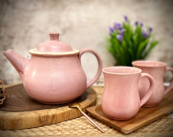 Set of ceramic teapot and two mugs, tea set, ceramic set, pottery tea pot set, pink kettle, stoneware kettle, tea mugs,  Christmas gift clay
