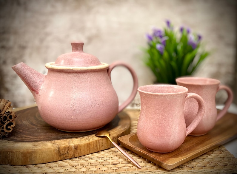 Ceramic kettle, Beautiful Teapot, pink tea pot, pink glaze, Holds 49 FL Oz, pottery pitcher, tea pot with Strainer, rustic kettle, mom gift image 5